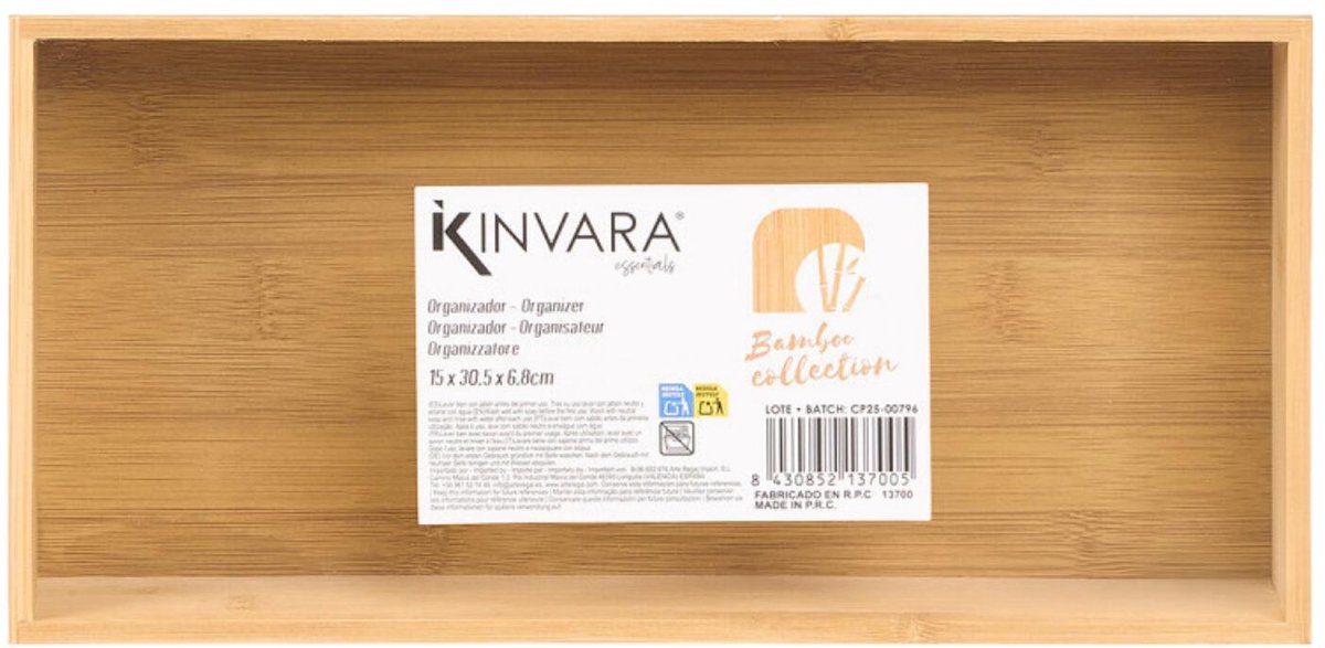 Kinvara Bestekbak/keuken organizer - 1-vaks - Tidy Smart - bamboe hout - 31 x 15 x 7 cm