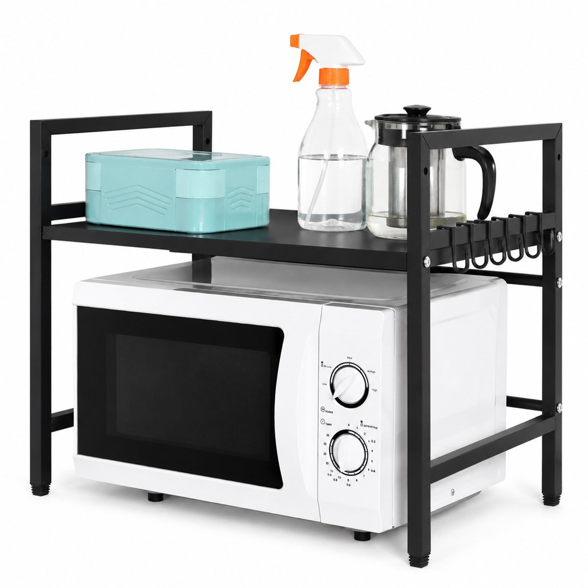 DAITORE Metaal Magnetron rek - Uitschuifbaar - 38-63 cm x 36 cm x 46.5 cm - Koolstofstaal - Keuken Magnetronkast met 5 Haken - voor Magnetrons, Airfryers, Oven - Aanrecht Organise - Zwart