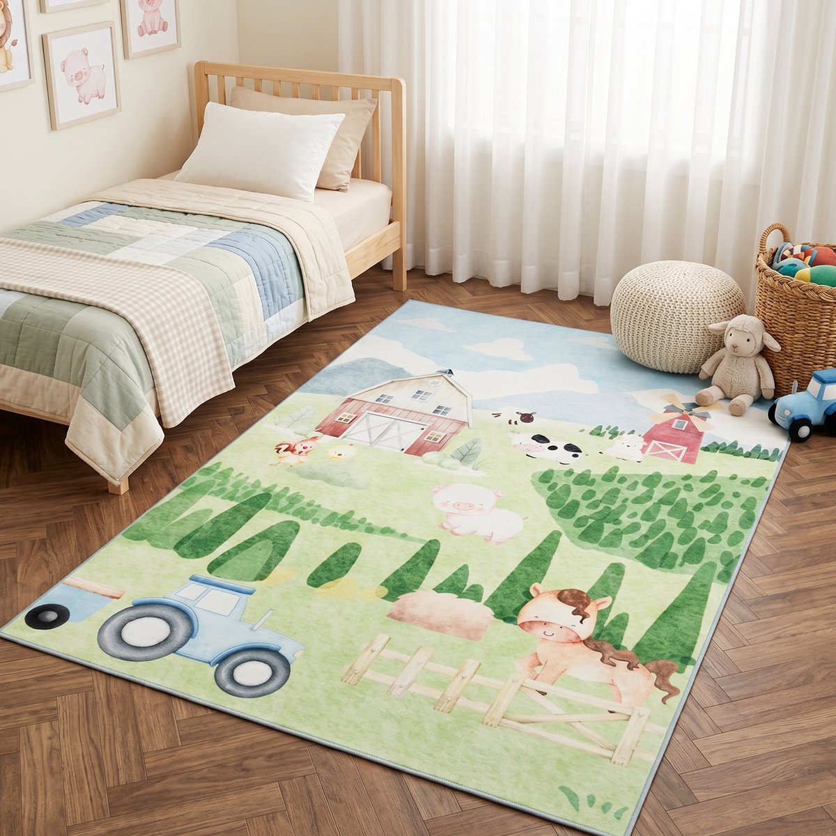 Tapiso Kids Kindervloerkleed Boerderij Speelkleed – Groen Tractor Koeien Schapen Kinderkam