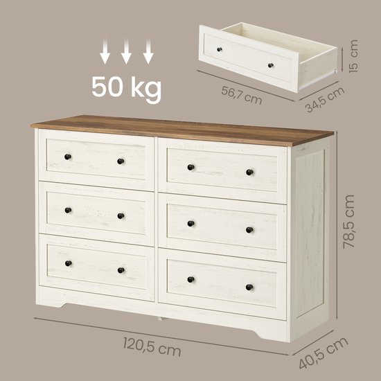 Commode blanche à 6 tiroirs et plateau en bois. Dimensions 120,5 x 40,5 x 78,5 cm. Tiroirs 56,7 x 34,5 x 15 cm. Max 50 kg.