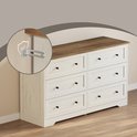 Commode blanche à 6 tiroirs, plateau en bois, et fixation anti-basculement.