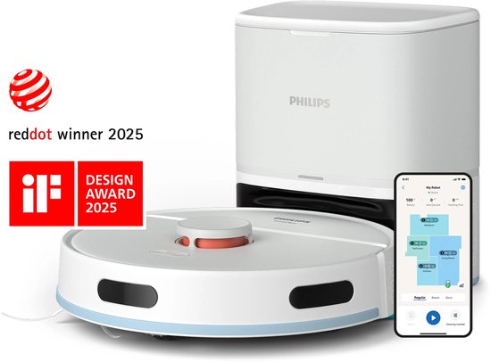 Witte Philips robotstofzuiger met leegstation en smartphone, Red Dot en iF Design Award winner 2025.