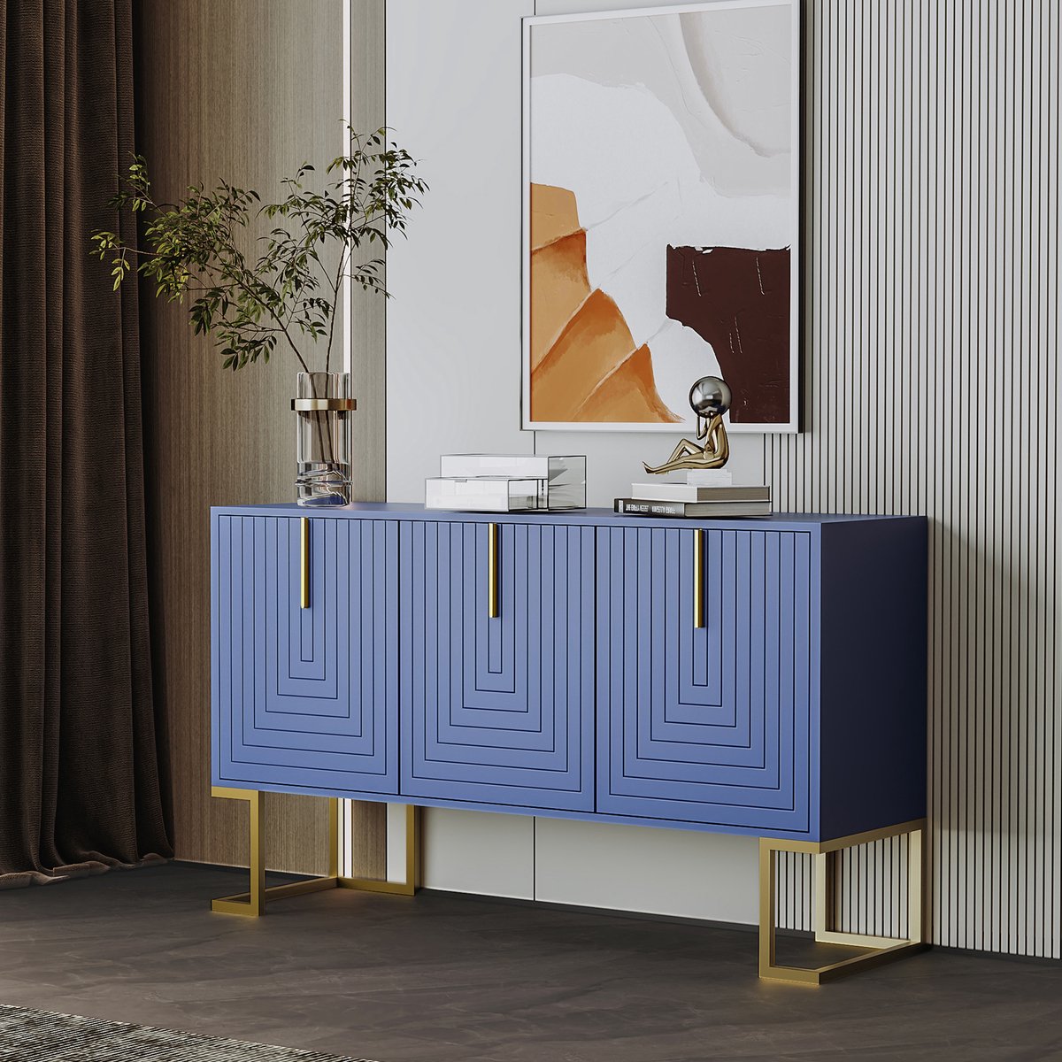MEUNIQ dressoir 138 x 40 x 80,5 cm met 3 deuren, verstelbare en uitneembare planken, metalen basis, opbergkast voor woonkamer, keuken of eetkamer, marineblauw