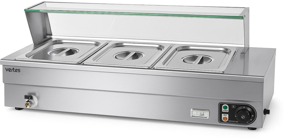 VERTES Gerechtenverwarmer Buffetverwarmer Warmhoudbak voor gerechten Elektrisch 1500 W van roestvrij staal (incl. 3 x 1/2 GN-bakken met deksel, 10 l, aftapkraan, glazen afdekking, bain-marie, 30-85 °C)