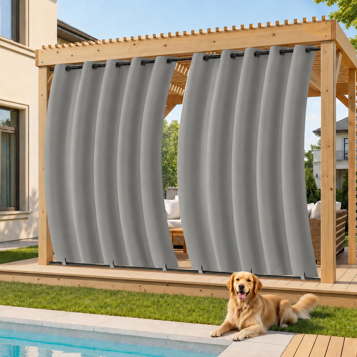 MUPOO Buitengordijnen Waterdicht & Windbestendig met Ringen - Met Onder Bevestiging tegen Wind - Verduisterend & UV Werend - Outdoor Gordijnen voor Overkapping, Balkon & Tuin - 132x213 cm -Lichtgrijs - 2 stuks (Rideau Extérieur Imperméable)