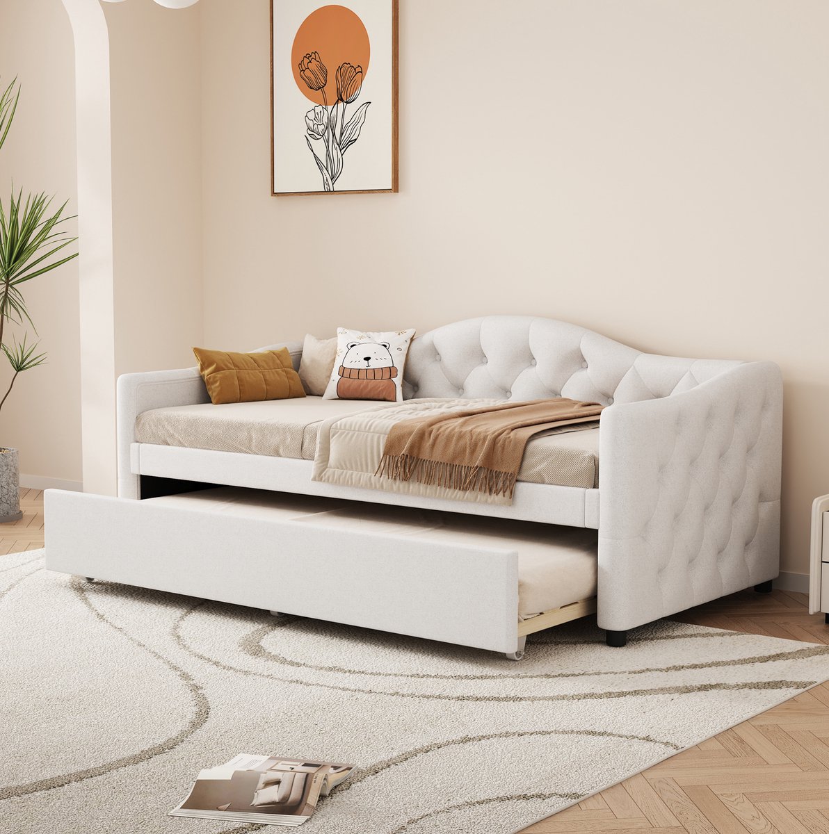MIVRAY Slaapbank 90x200 cm - Eenpersoonsbed Met Uitschuifbaar Onderschuifbed Zonder Matras - Ruimtebesparend Voor Slaapkamer En Logeerkamer - Linnen En MDF - Beige