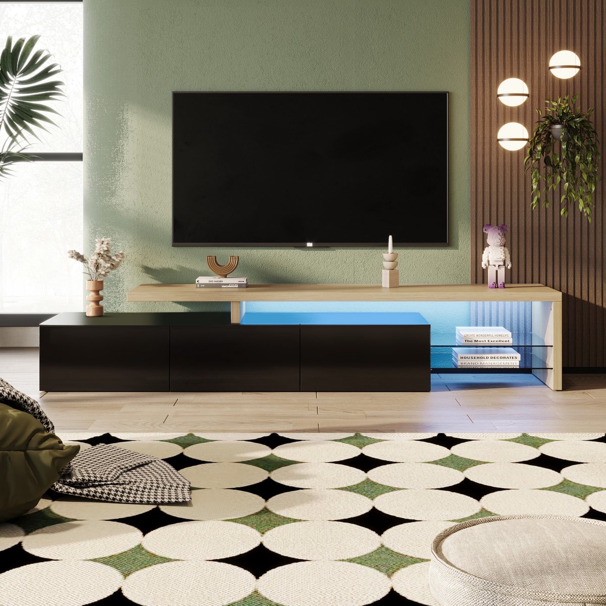 TV Meubel 200 cm Zwart Hoogglans – LED TV Kast met Glasplanken & 3 Deuren – Modern Design
