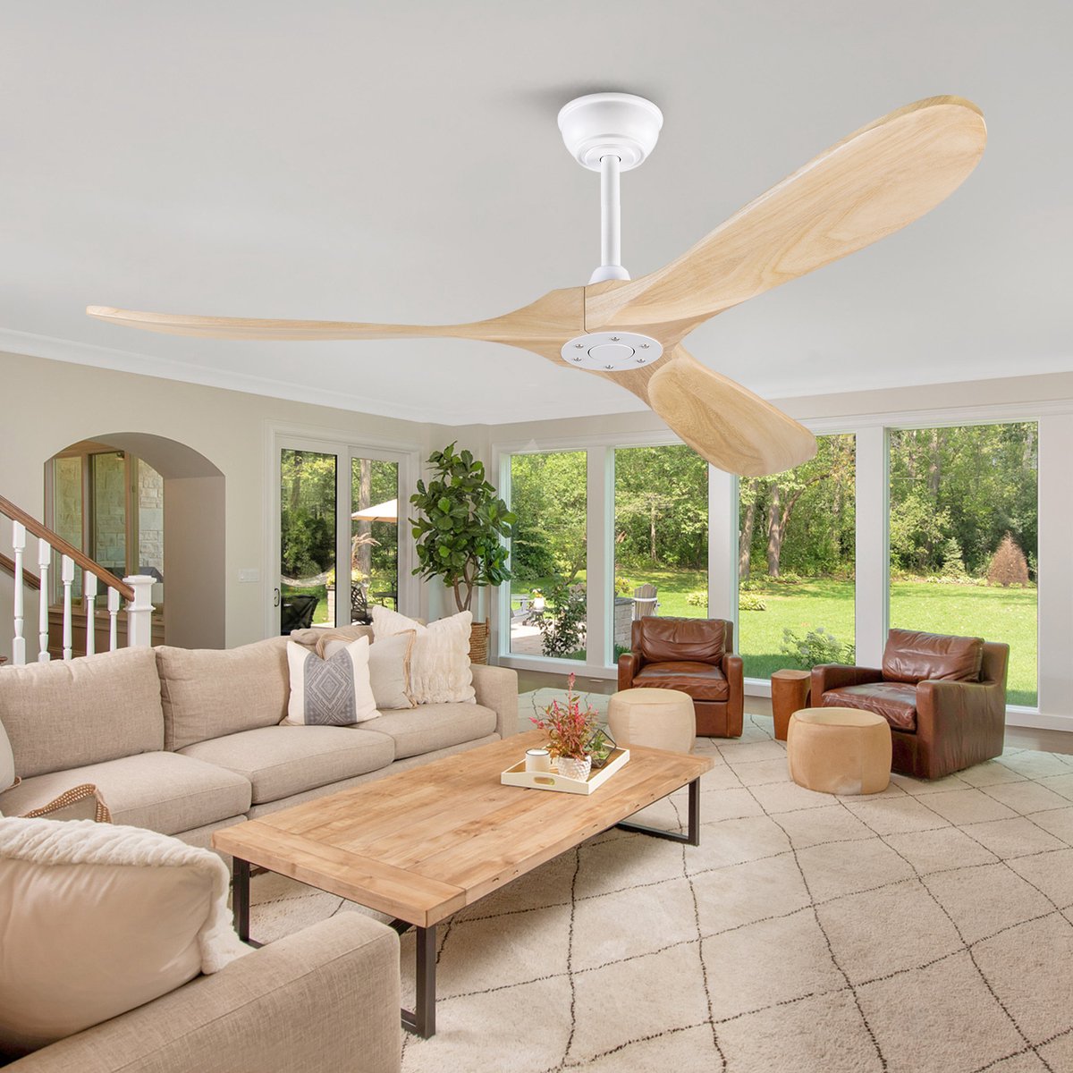 HAUSS SPOLE Ventilator – 60 Inch Zonder Licht – 152 cm – Metaal En Hout – Wit En Naturel – Met Afstandsbediening Voor Woonkamer En Terras