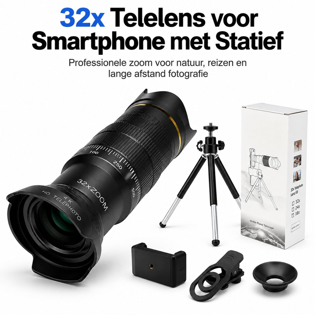 32x Telefoon Camera Lens - 3-in-1 Professioneel - Statief - Zwart