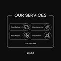Iconen met tekst: 'Fast Delivery', 'Maintenance', 'Fast Repair', 'Installation' en het logo 'WIGGO'.