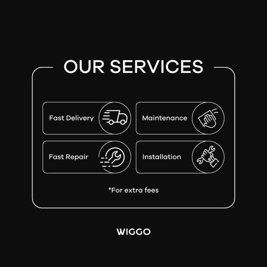 Iconen met tekst: 'Fast Delivery', 'Maintenance', 'Fast Repair', 'Installation' en het logo 'WIGGO'.