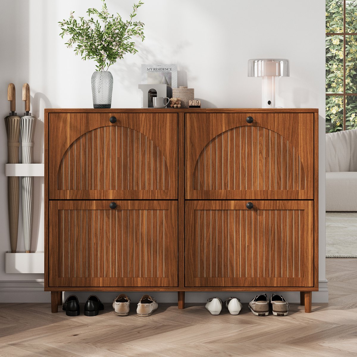 Schoenenkast - Moderne schoenenkast - Schoenenrek van 120 x 24 x 90 cm - Voorzien van 8 vakken en 2 Haken - Geschikt voor hallen, entrees - Woonkamers en Kantoren - gemaakt van MDF met kastdeuren van geweven rotan - Natuurlijke Houtafwerking