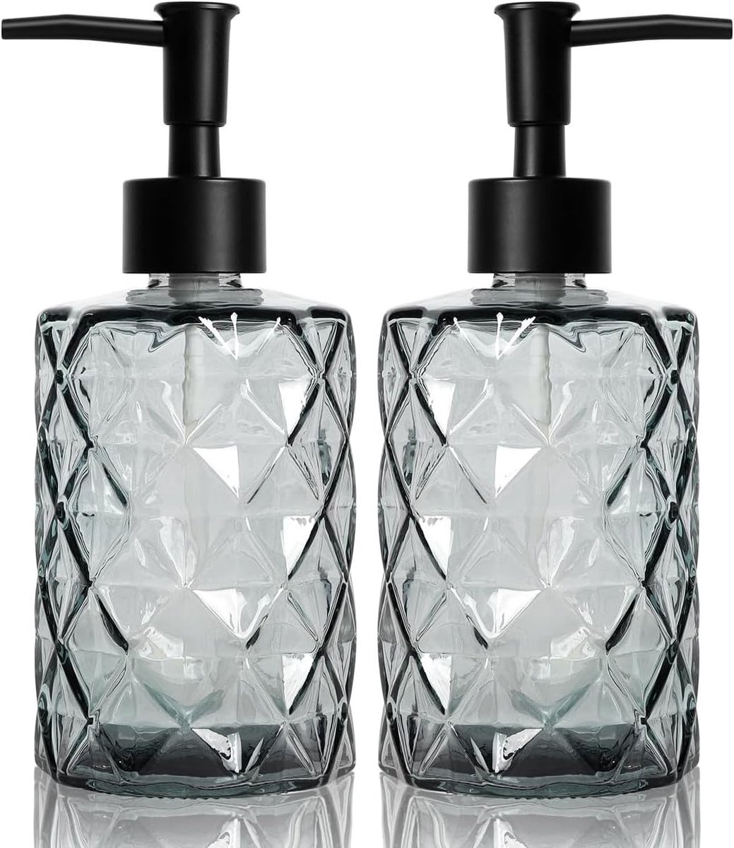 Set van 2 glazen zeepdispensers van 330 ml, zwarte pompdispenser voor handzeep en afwasmiddel, ideaal voor badkamer en keuken gebruik