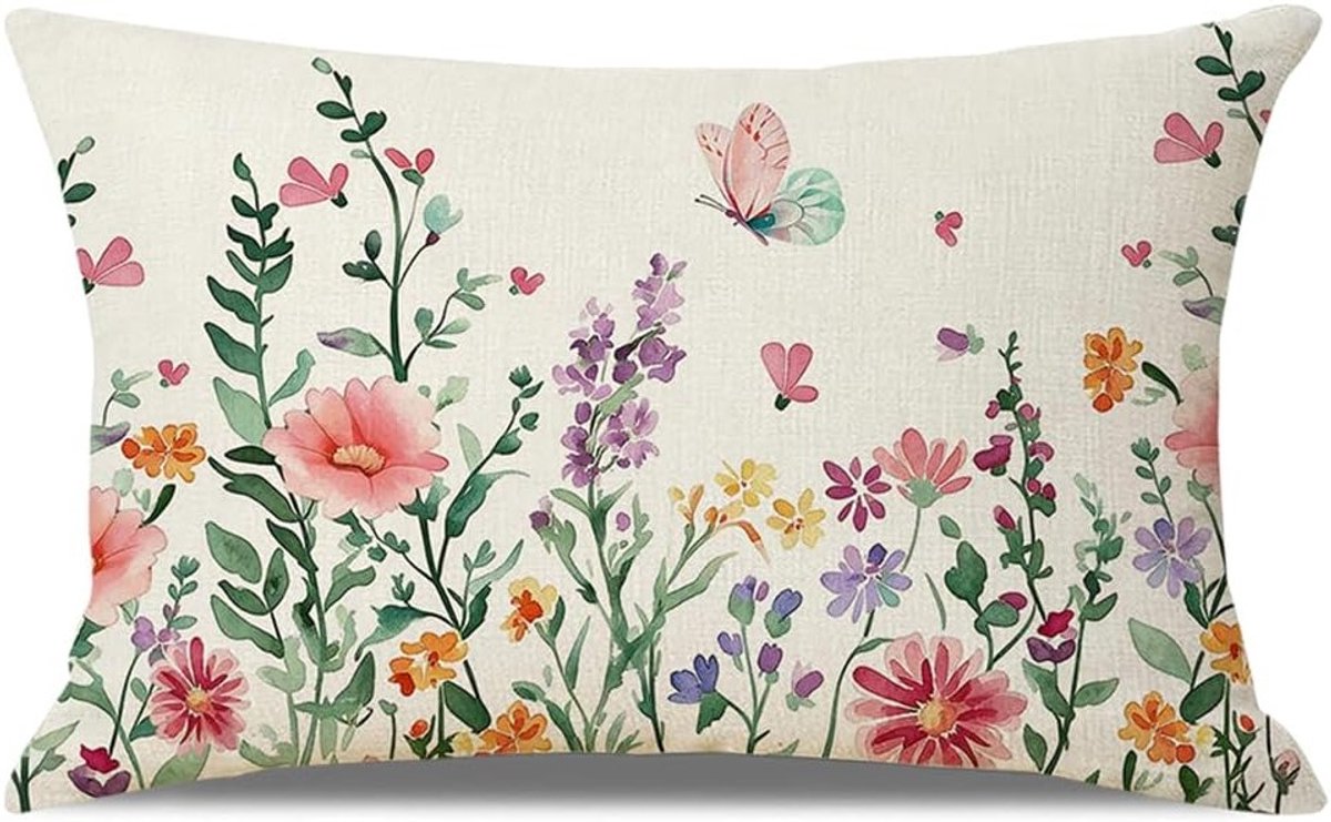 Bloemen Kussenhoes 30x50cm, Wasbare Linnen Kussenhoes met Vlinders, Decoratieve Kussens voor Bank en Thuisdecoratie