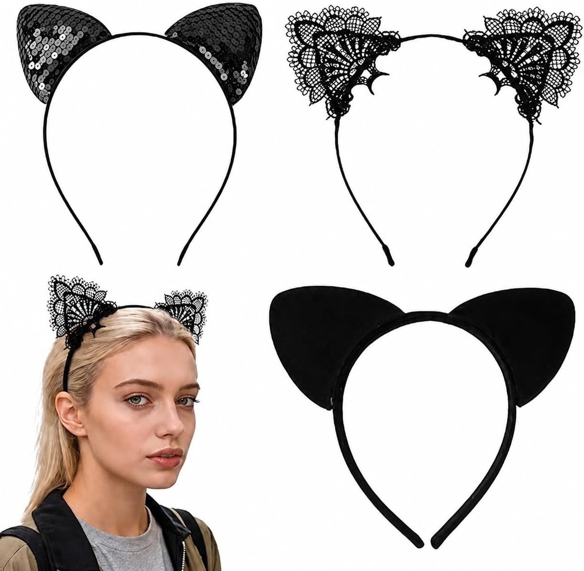 Set van 3 Pluche Haarbanden met Kattenoren voor Kinderen, Schattige Hoofdbanden voor Cosplay, Feestjes en Schoolactiviteiten