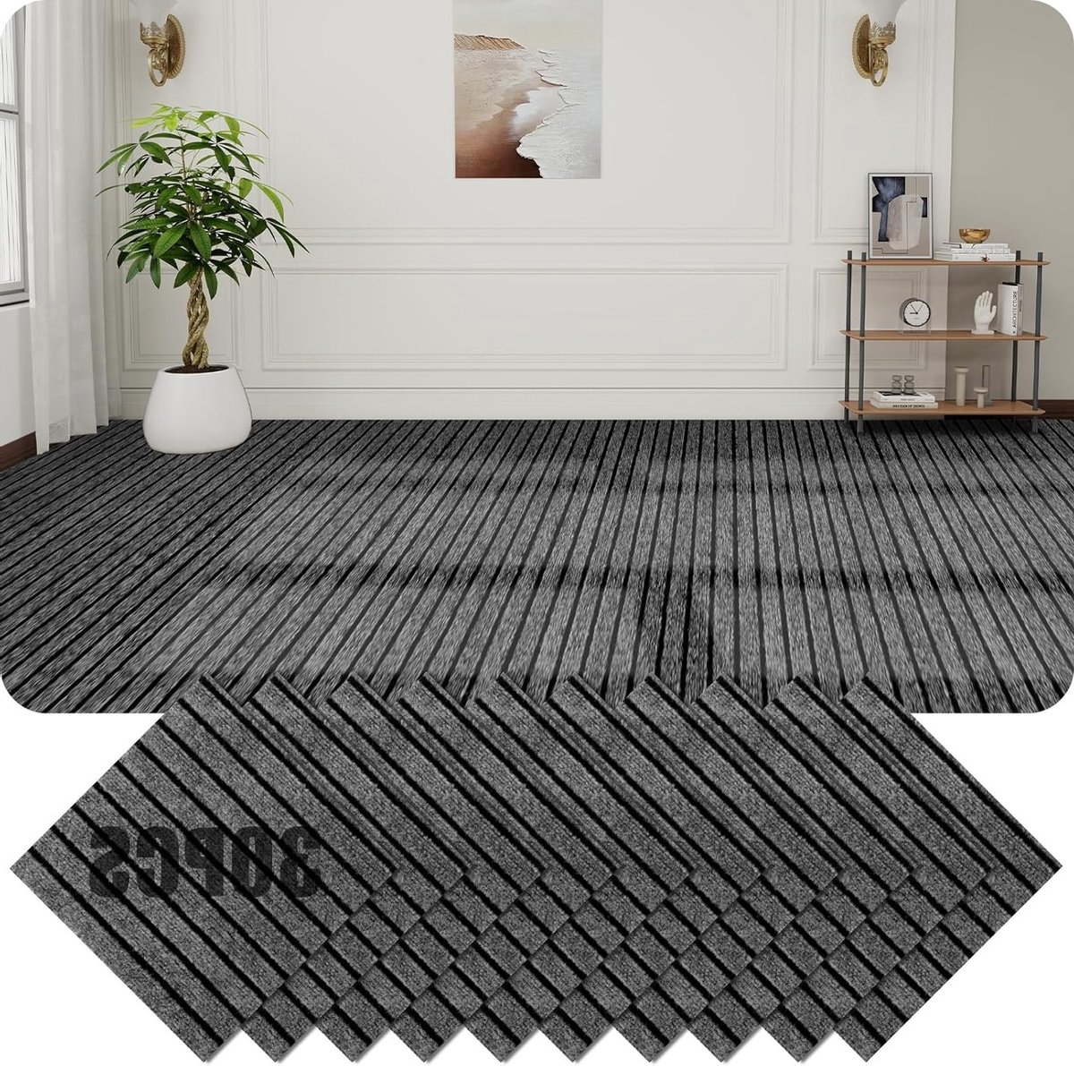 Set van 30 Zelfklevende Tapijttegels 30 x 30 cm, Ideaal voor Kantoor, Woonkamer en Balkon, Grijs en Zwart