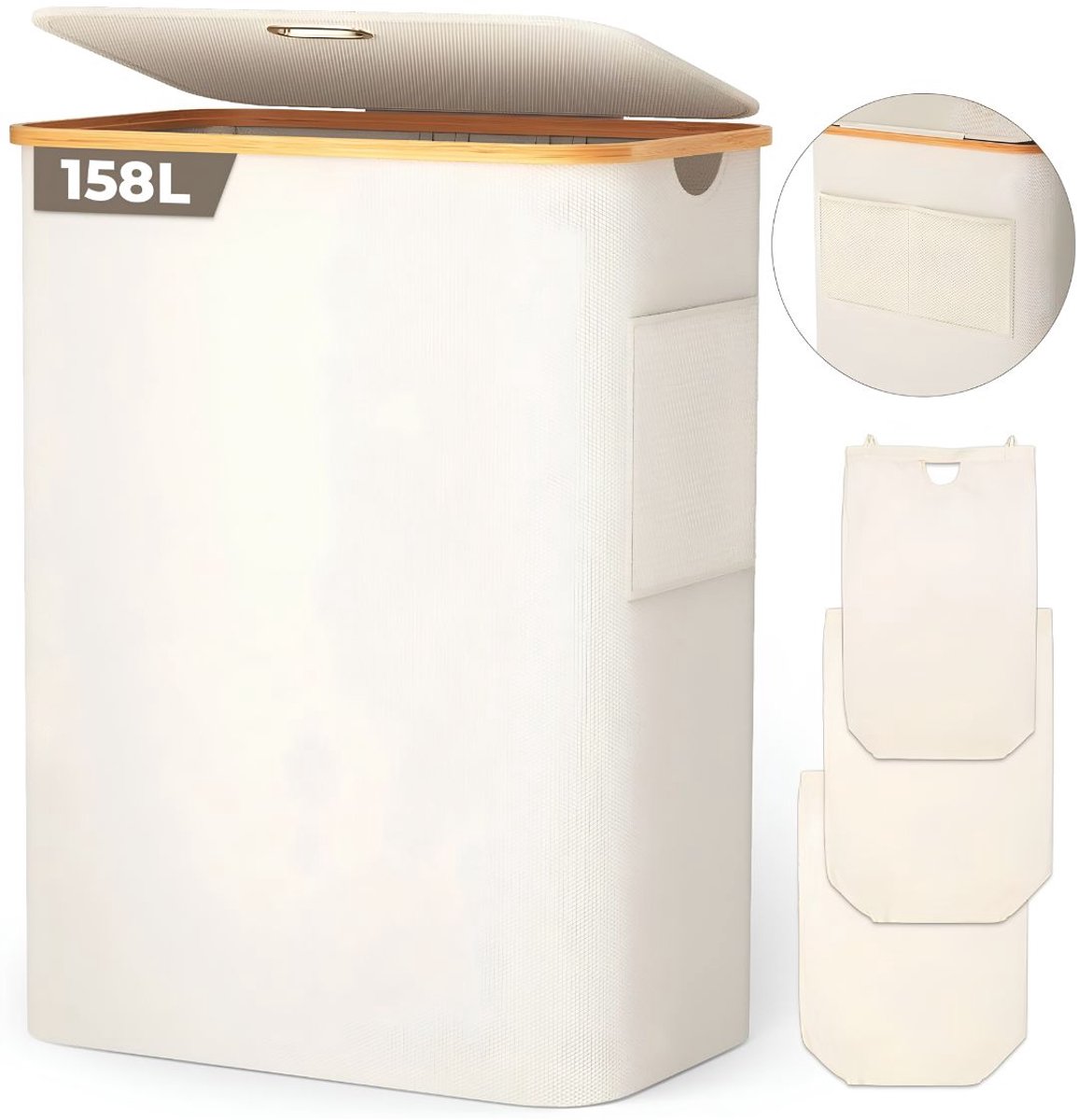 JCP® Wasmand - 158L - Wasmand 3 Vakken - Wasmand met Deksel - Beige - 57cm x 37cm x 75cm