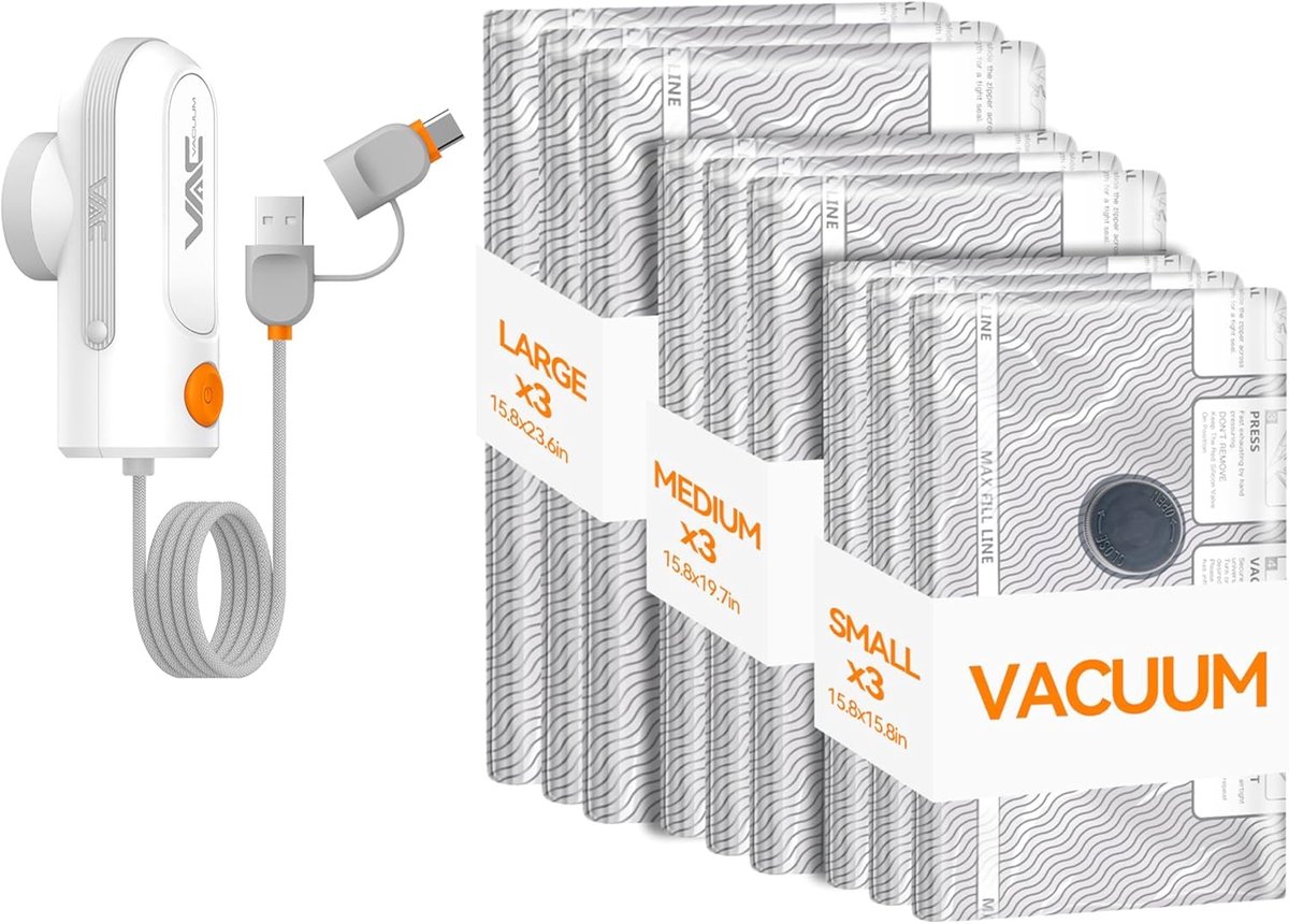 Vacu眉m Opbergzakken Set - 9 Stuks - Inclusief USB & USB-C Pomp - Compressiezakken voor Kleding - Geschikt voor Koffer, Reizen & Opbergen - Grijs
