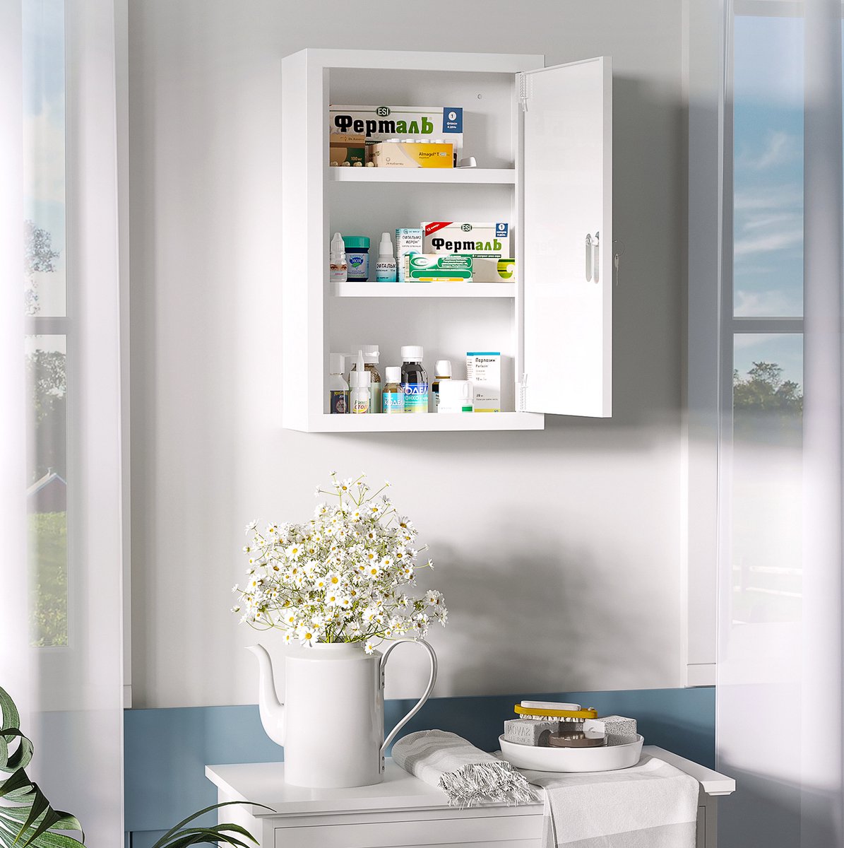 MEUNIQ Medicijnkast afsluitbaar 30 x 14 x 46 cm met 3 vakken voor wandmontage, stalen opbergkast met 2 sleutels, kindersafe medicijnopslag voor badkamer, wit