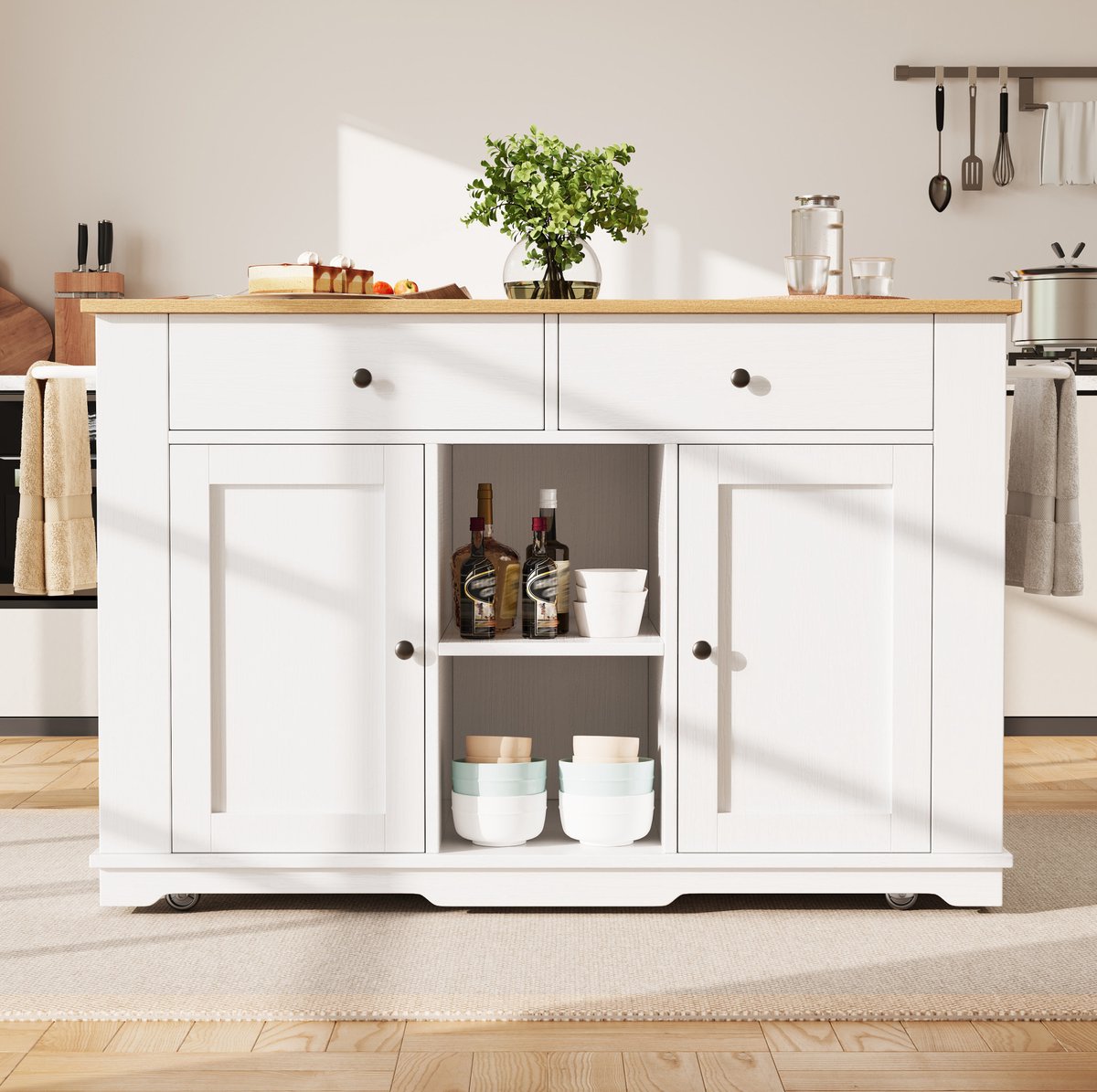 MEUNIQ Keukeninsel met werkblad en stekkerdoos 151,5 x 59,7 x 91,7 cm, keukenkast met 2 lades, 6 vakken, inklapbaar blad en wielen voor keuken, wit naturel