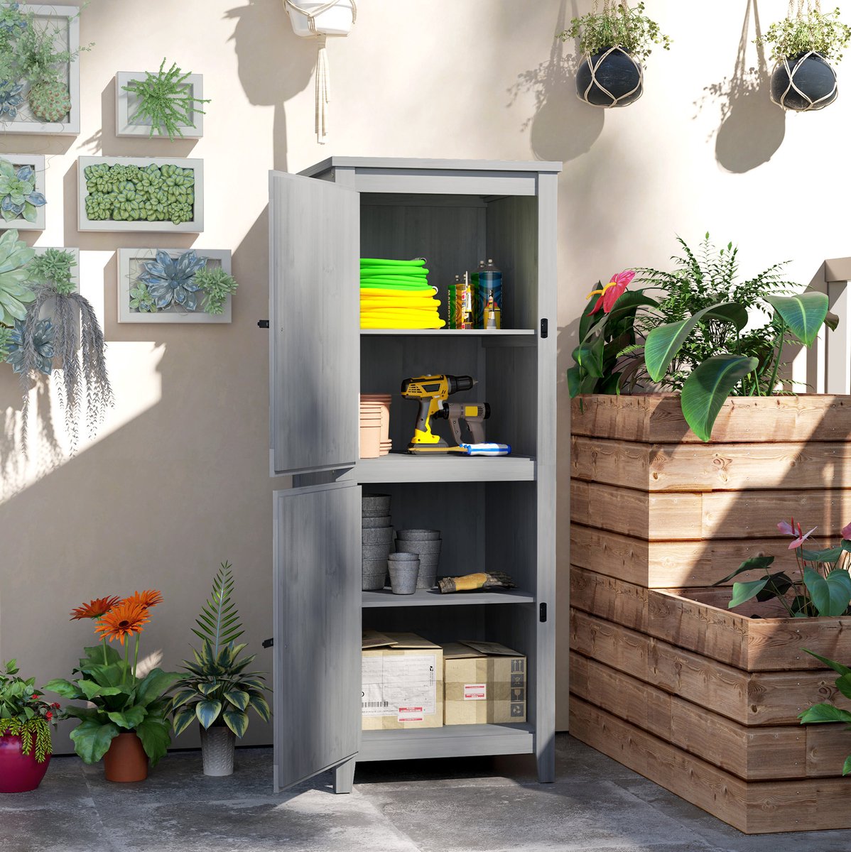 MEUNIQ Gartenschrank 60 x 60 x 160 cm met dubbele deuren, 2 uitneembare planken en afsluitbare opbergkast van hout voor tuin, terras of balkon, lichtgrijs
