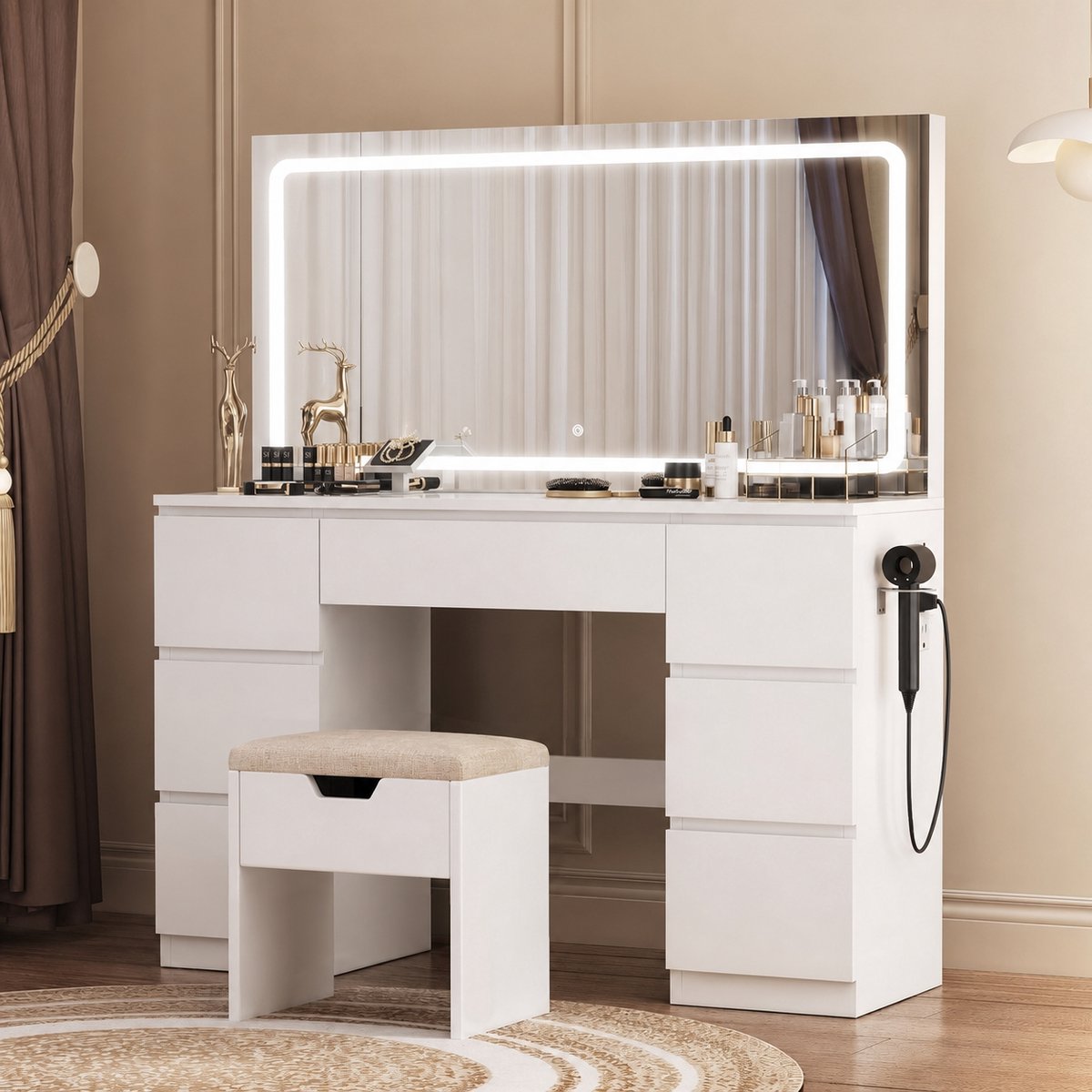 Devoko Kaptafel met Spiegel en LED Verlichting - Make-up Tafel met 2 Stopcontacten, USB en USB-C - 7 Lades, Opbergkruk en Föhnhouder - 115x40x139 cm - Wit