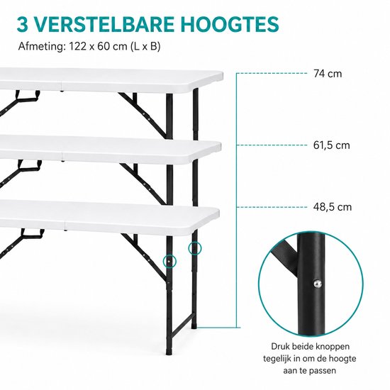 ADSafety Inklapbare Tafel - Campingtafel - Klaptafel - Vouwtafel Buiten - Tuintafel - 3 Hoogtes - 122 x 60 x 74 cm - Wit van ADSafety — afbeelding 3