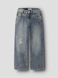 Lichtblauwe wijde jeans met scheuren en een verfijnde, verweerde wassing.