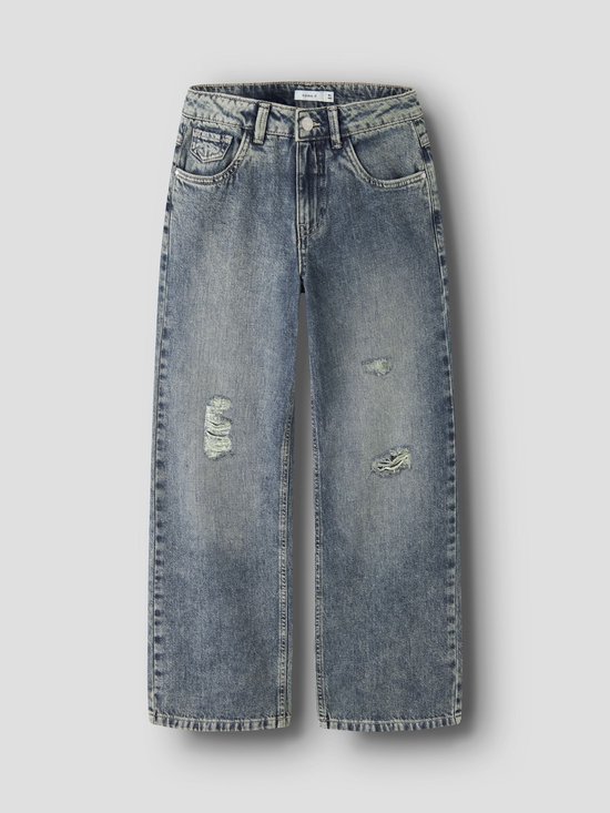 Lichtblauwe wijde jeans met scheuren en een verfijnde, verweerde wassing.
