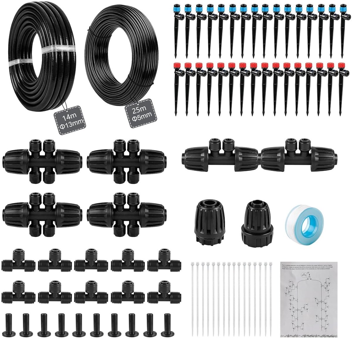 Complete Set van 136 Stukken Tuinplant Irrigatie Kit met 14m en 25m Druppelslang voor Tuin, Serre en Balkon