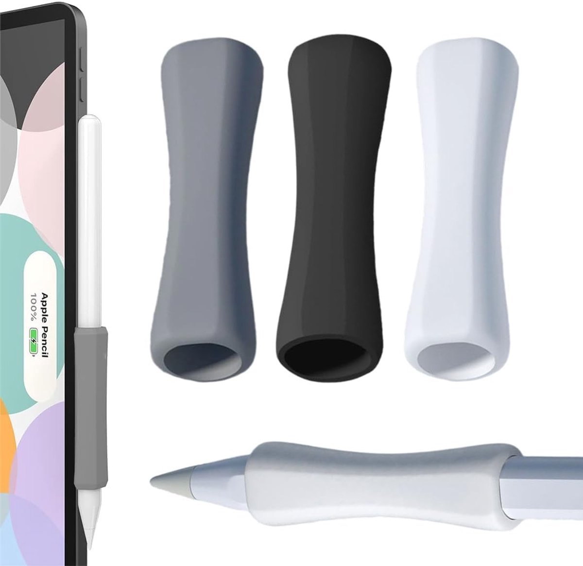 Set van 3 Antislip Siliconen Penhouders Geschikt voor Apple Pencil - Ideaal voor Kunstenaars, Studenten en Professionals (Wit, Grijs, Zwart)