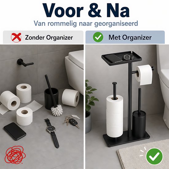 Vergelijking van een rommelige badkamervloer zonder organizer met een georganiseerde ruimte met de zwarte badkamer organizer.