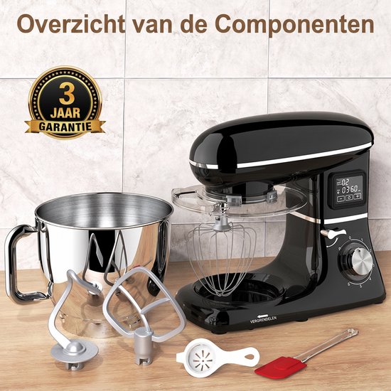 SHANNA Digitale Keukenmachine - 1600W Zuiver Koper - Standmixer - Bakmachine - 6,2L RVS Mengkom - Met LCD Timer, Deeghaak, Garde en Complete Bakaccessoires - Zwart — afbeelding 5