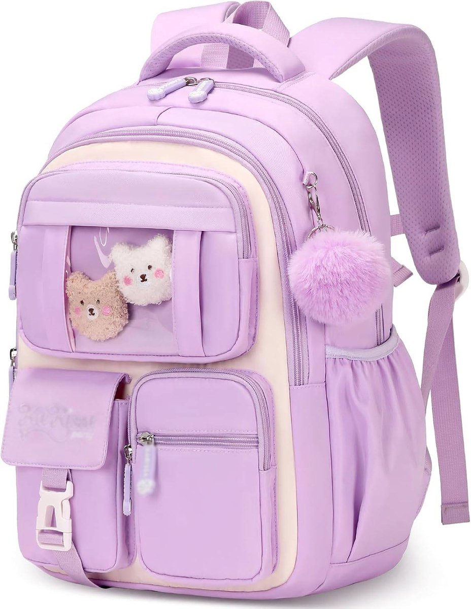 LISM-Meisjes schooltas, ademende schooltas geschikt voor basisschoolkinderen van groep 1 t/m 5, casual schooltas, paars.