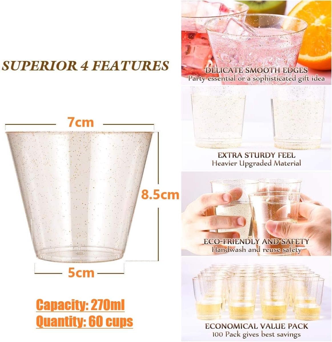 SnelShoppen - 60 Stuks Partybekers Plastic Dessertbekers met Gouden Glitter 270 ml - Ronde Transparante Dessertkommen voor Feest, Bruiloft, Verjaardag