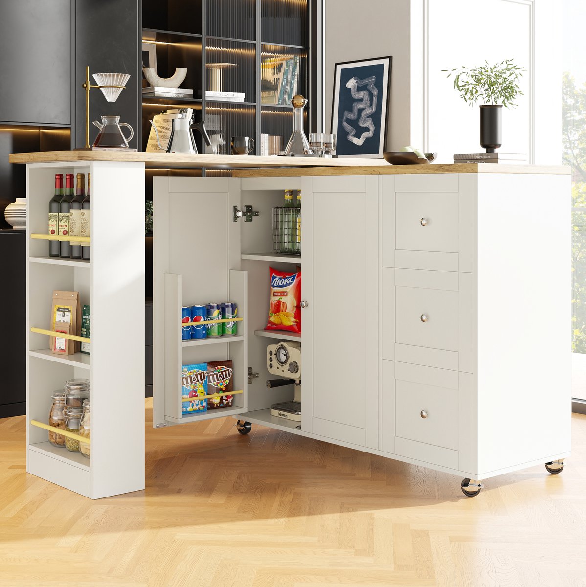 MEUNIQ Keukenkast 203 x 39 x 106 cm 360° draaibaar op wielen met 3 lades, 2 deuren en snackrek, MDF opbergkast als keukeneiland of bartafel, wit