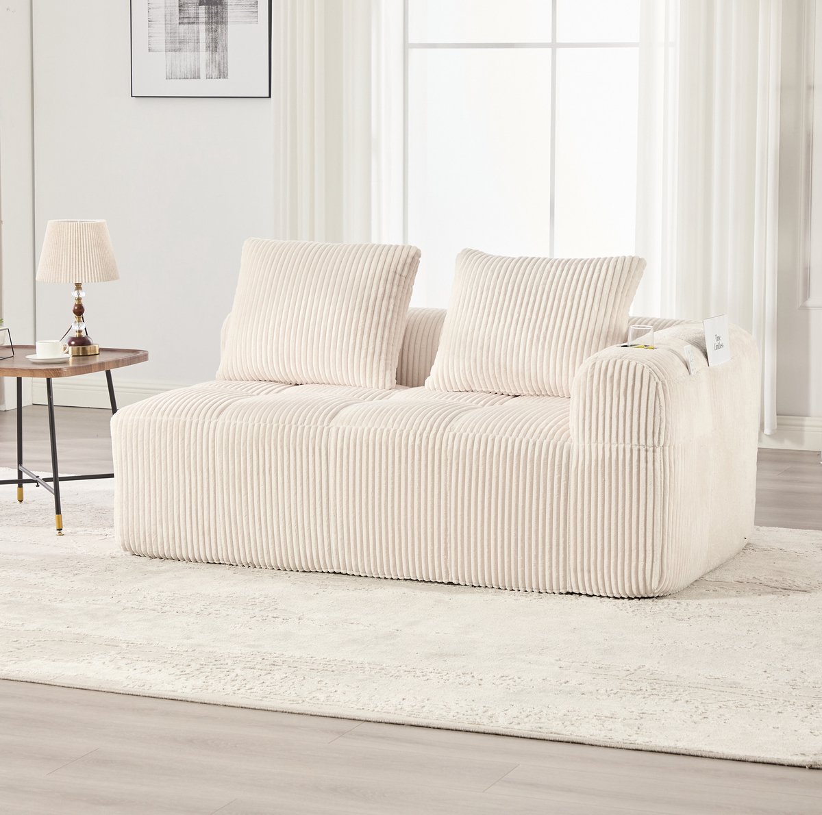 DESMIU Zitbank 158 cm - 2-Zits Met Zijvakken, Bekerhouder En Zonder Montage - Voor Woonkamer Of Werkkamer - Corduroy Beige