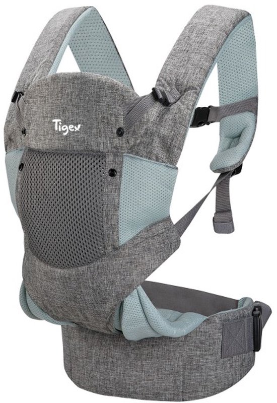 Grijze ergonomische babydrager met turquoise accenten en mesh paneel.