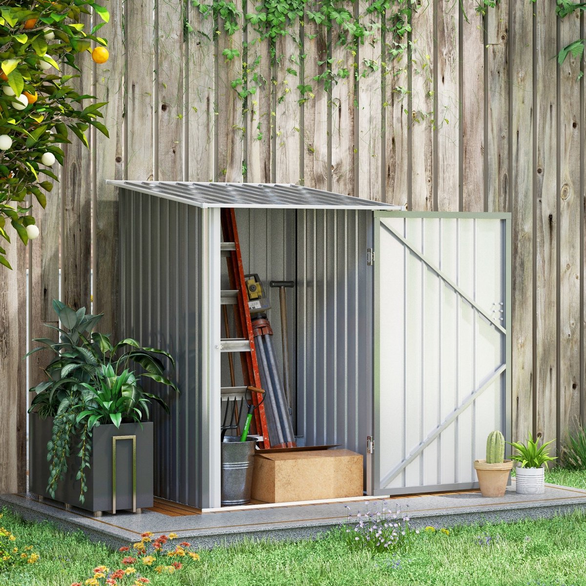 MEUNIQ stalen tuinschuur 100 x 103 x 160 cm met schuin dak en afsluitbare deur, berging voor tuin en terras, grijs