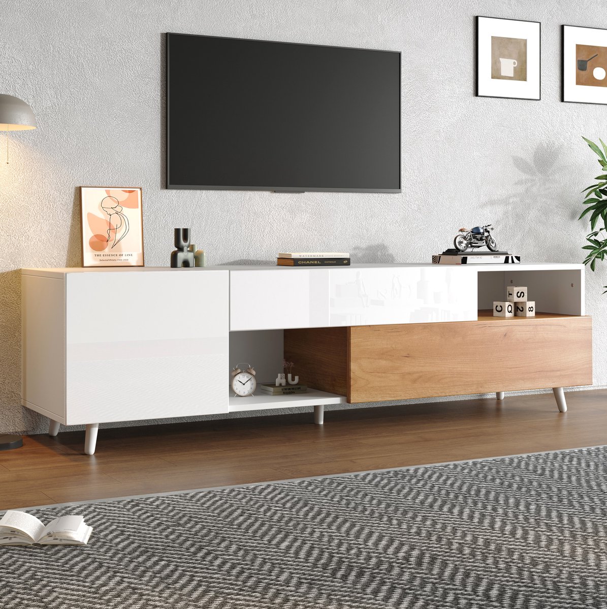 MEUNIQ TV-kast lowboard 180 x 38 x 50 cm met 1 lade, klepdeur, 7 opbergvakken en hoogglans front, dressoir voor woonkamer, geschikt voor tv tot ca. 75 inch
