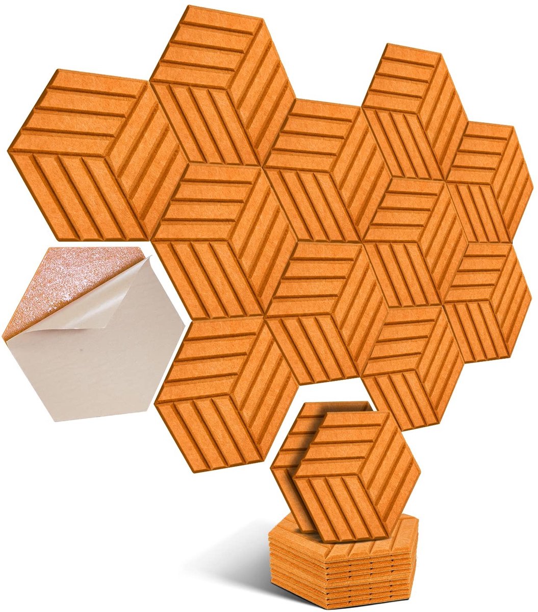 Dailygoods - Hexagon Akoestische Platen, Zelfklevend, 12 Stuks - Geluidsabsorberende Isolatie Oranje