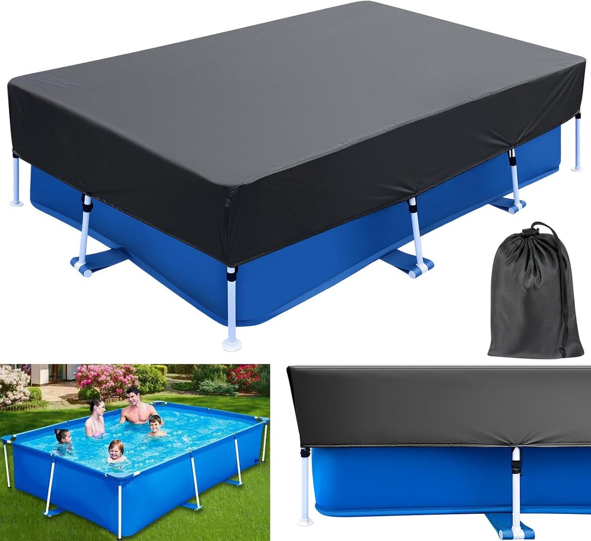 Ulisem - Zwembadhoes - 1 stuk - Zwembadaccessoires - 410*225*30cm - Rechthoekig - Beschermhoes voor zwembad - Geschikt voor zomer en winter - Zonnescherm voor rechthoekige zwembaden - Zwart
