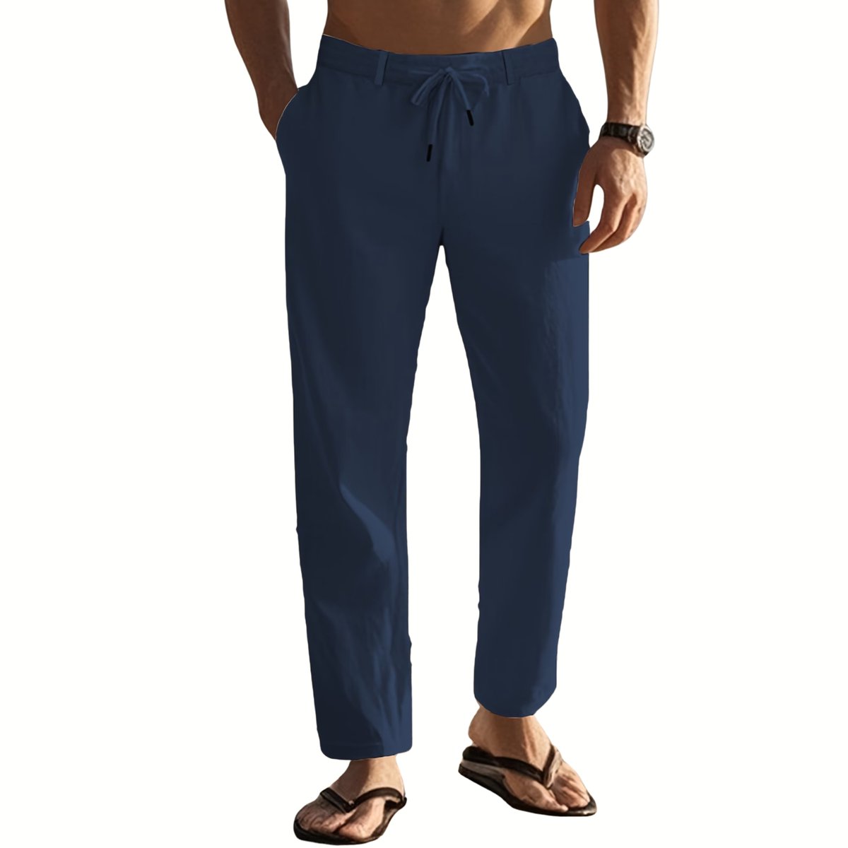 Currero Linnen Broek Heren Zomerbroek Volwassenen Lange Broek Pantalon Strandbroek Zomer Ibiza Stijl Zee Blauw