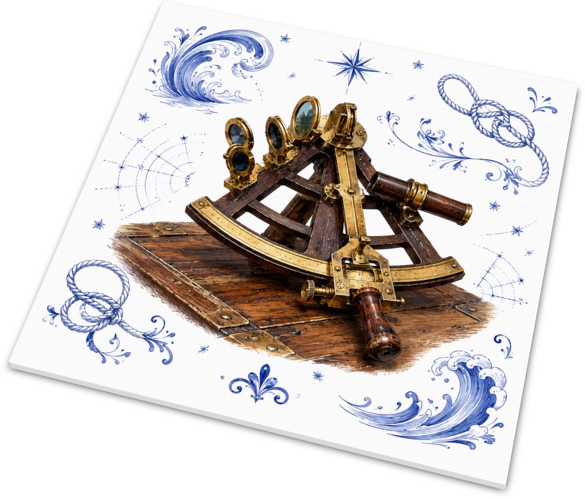 Klassiek wandtegeltje met historische octant op kapiteinstafel en blauw-wit nautisch lijnw