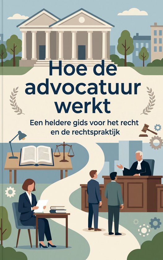 Illustration d'une salle d'audience avec des juges, des avocats et une dame à un bureau. Titre: Hoe de advocatuur werkt.