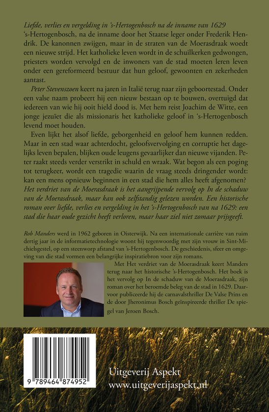 Achterkant boek met tekst en een foto van Rob Manders.
