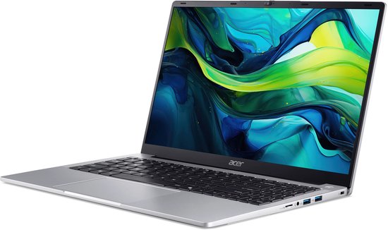 Zilverkleurige Acer Aspire laptop, van de schuine voorkant gezien, met scherm aan en een abstracte wallpaper.