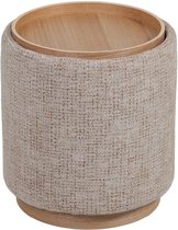 Ronde bijzettafel met taupe chenille bekleding en essenhouten onderstel. De deksel van essenhout is verwijderd.