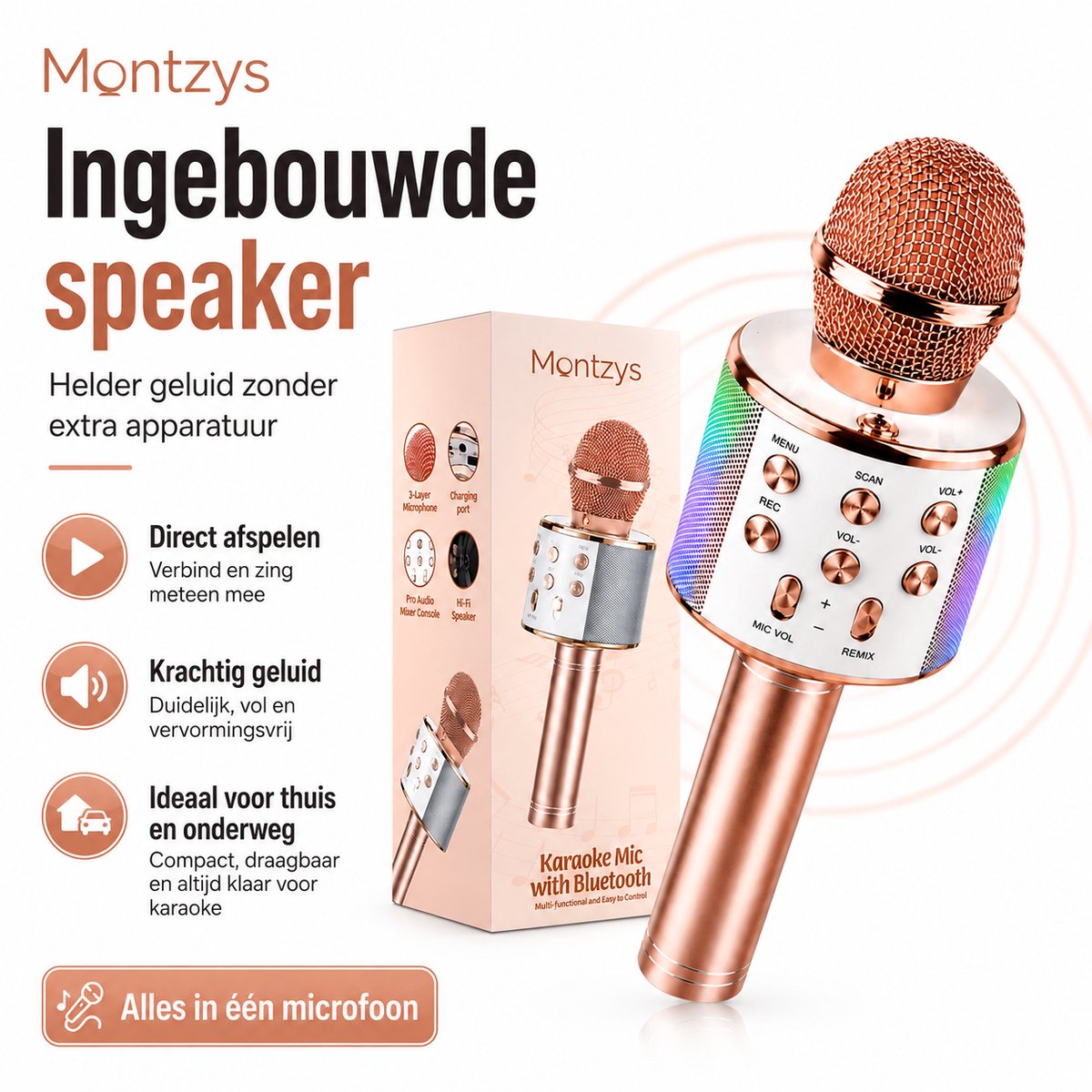 Montzys® Karaoke Microfoon Set - Bluetooth & Ingebouwde Speaker - Draadloos & LED - voor Kinderen & Volwassenen — cadeau in Gadgets - foto 5