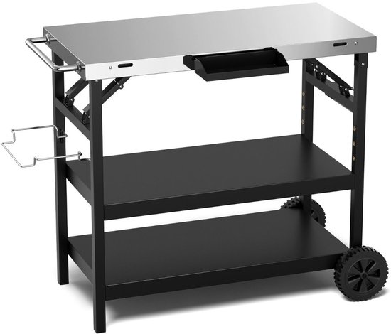 Buitenkeuken op Wielen - BBQ Trolley - Met Opbergkast & Planken - Werktafel voor Buiten –Metaal en roestvrij staal - Multifunctioneel - Zwart en zilver — afbeelding 3